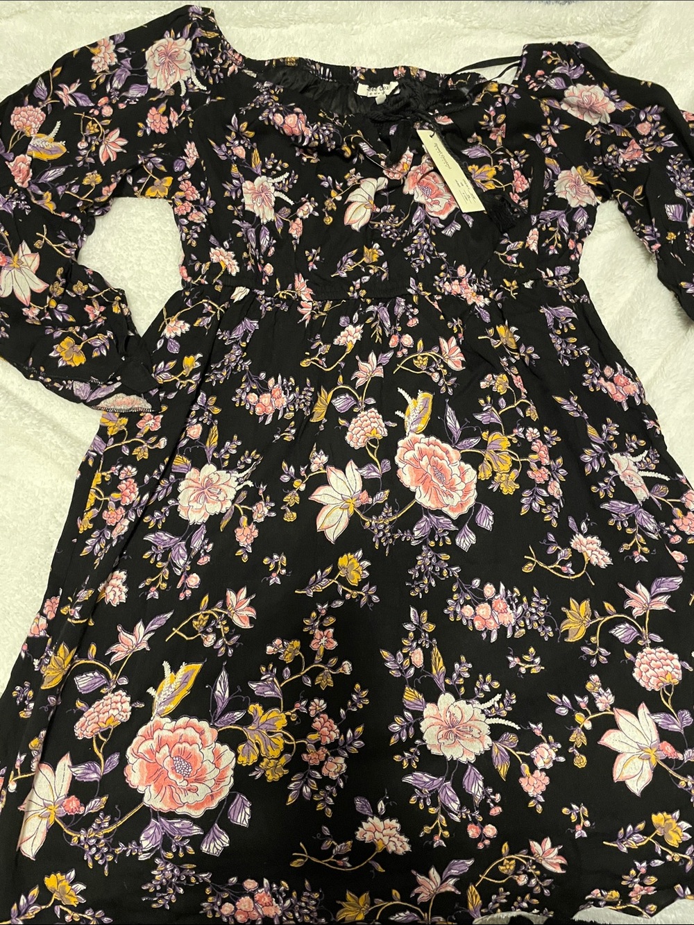 Speed Control Black Floral Midi Dress with Pink, Purple & Yellow Blooms